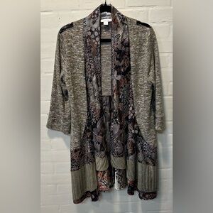 Kamana Mixed Media Patchwork Boho Artsy Floral Print Lace Open Front Cardigan L